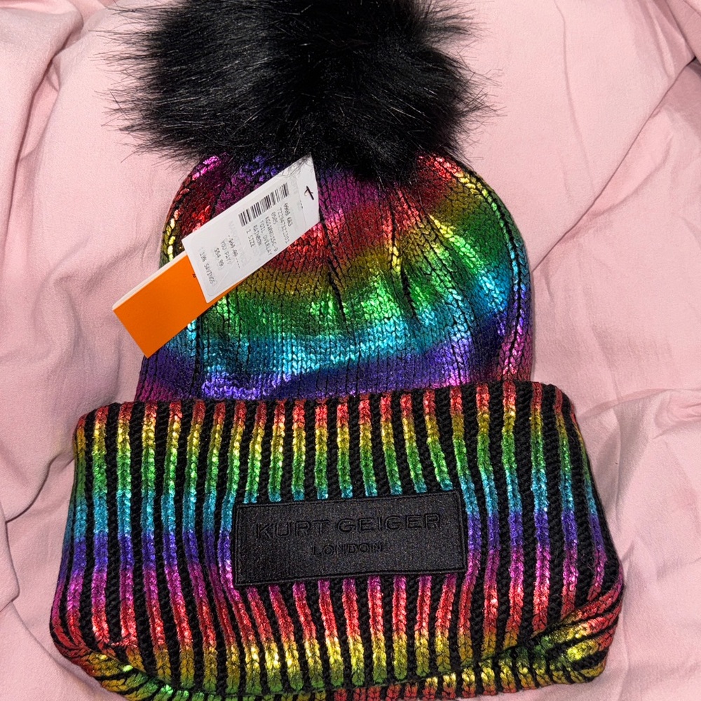 Kurt Geiger Kids Multicolor Beanie with Black Pom Pom